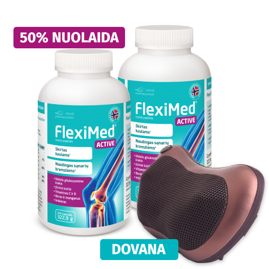 Natural Pharmaceuticals „FlexiMed® Active” Nuotraukoje matomas maisto papildas „FlexiMed® Active” jo pakuotėje ir buteliukuose, su reklaminiais šūkiais „NEMOKAMAI!“ ir „50 % NUOLAIDA“ ant violetinės spalvos etikečių.