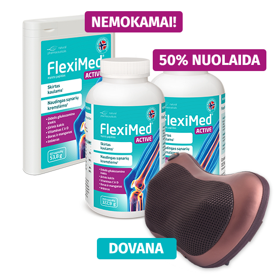 Natural Pharmaceuticals „FlexiMed® Active” Nuotraukoje matomas maisto papildas „FlexiMed® Active” jo pakuotėje ir buteliukuose, šalia kurių yra nordic walking lazdos su keičiamais antgaliais; violetinėse etiketėse yra užrašai „NEMOKAMAI!“ ir „50 % NUOLAIDA“, o mėlynoje etiketėje yra užrašas „DOVANA“.