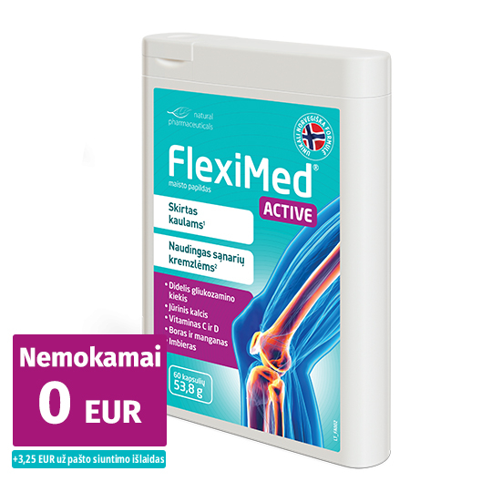 Natural Pharmaceuticals „FlexiMed® Active” Maisto papildo „FlexiMed® Active” pakuotė su matoma etikete ir kelio sąnario iliustracija, šalia kurios yra violetinė etiketė su užrašu „Nemokamai 0 EUR“ ir pastaba apie pristatymo išlaidas.